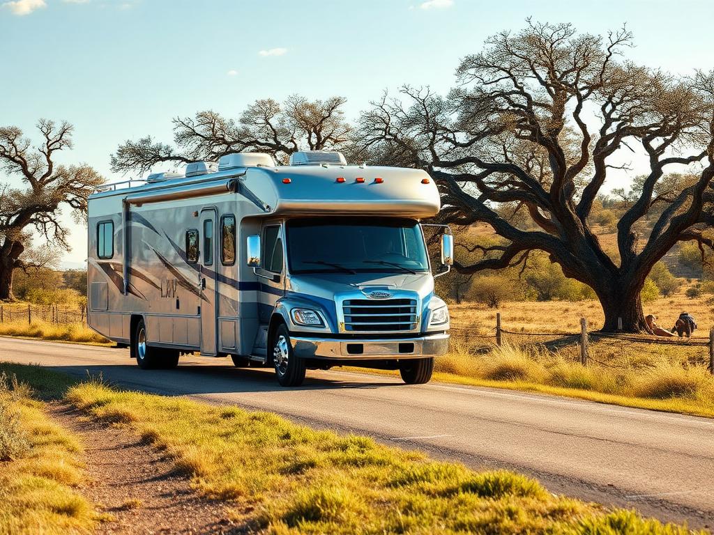 Class A motorhome on a Texas ranch road